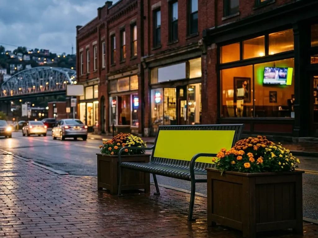 A bench and flower planters with blank ad panels on a Pittsburgh main street at dusk, a bridge in the distance.