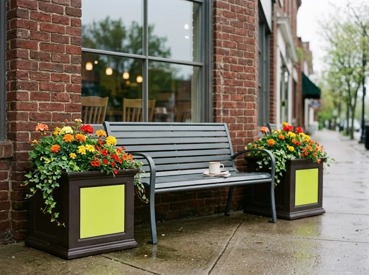 Flower planters with blank ad panels flanking a bench outside a coffee shop.