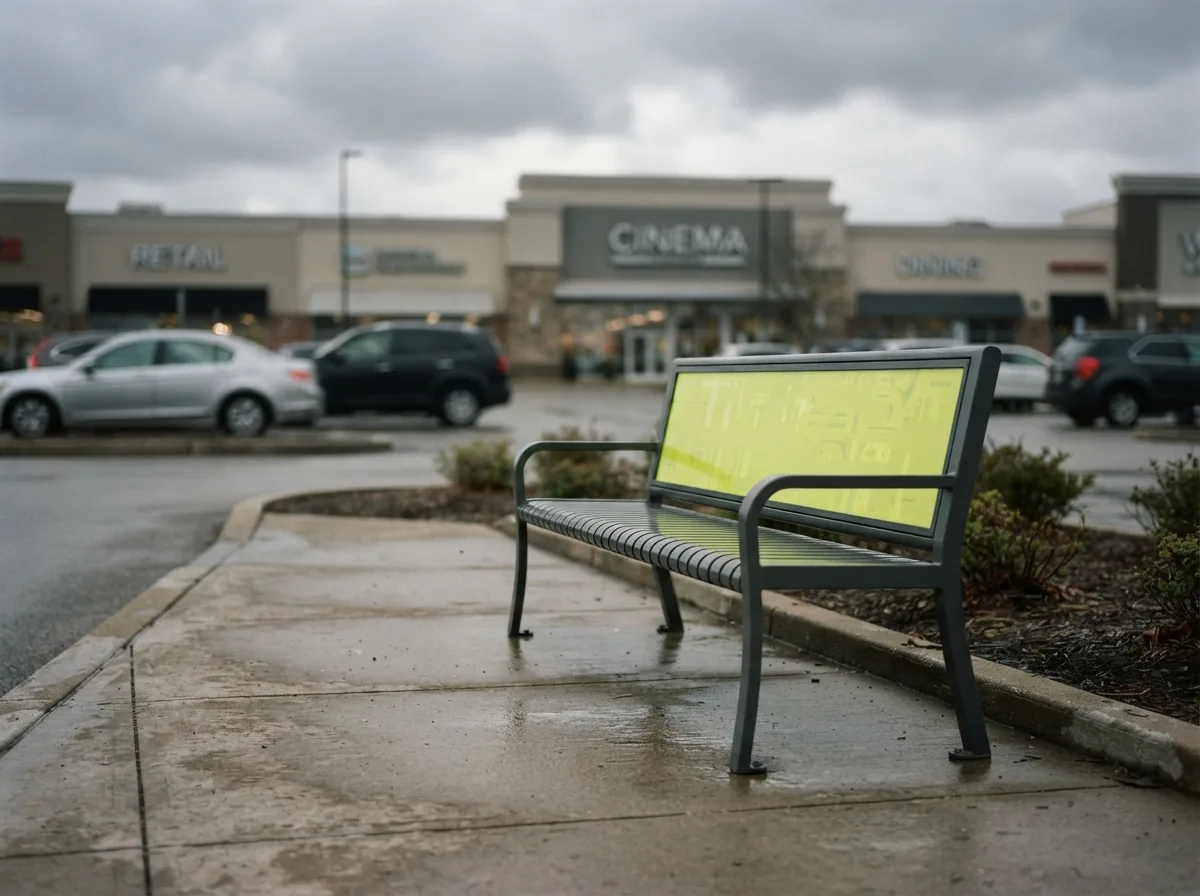 A bench with a blank advertising panel outside a shopping plaza.