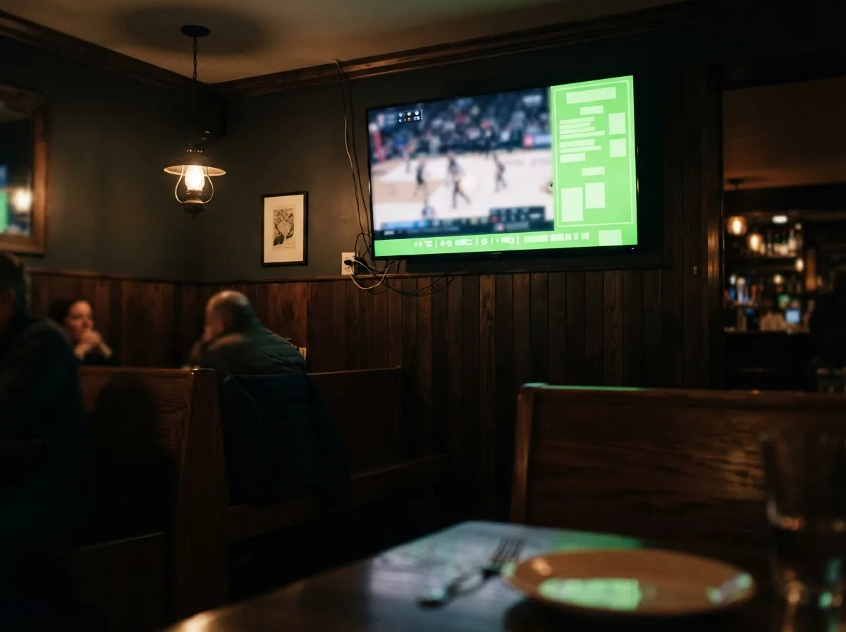 A bar TV showing the game with a side panel of specials.